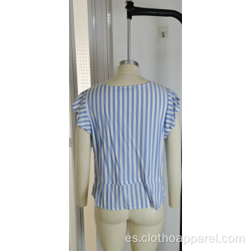 Camiseta de rayas azules en V, manga corta, cintura, camiseta fina de verano para mujer
